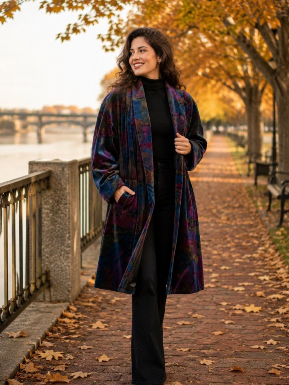 Vtg 80s De Ball Velvet Portrait multicolor abstract swing open front coat